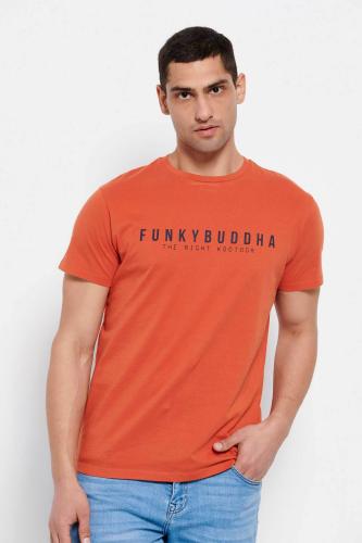 Funky Buddha ανδρικό βαμβακερό T-shirt μονόχρωμο με logo print και patch μπροστά - FBM007-329-04 Πορτοκαλί